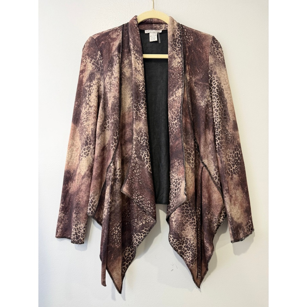 Alberto Makali Brown Animal Print Waterfall Draped Open Front Cardigan Small